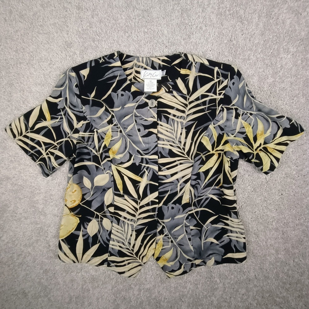 VTG Kathy Che Blouse Women's 12P‎ Black Gray Yellow Tropical Leaf Print Button